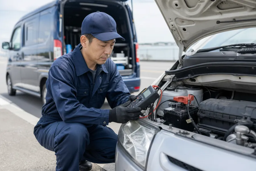 現場でバッテリーの状態を計測するスタッフ