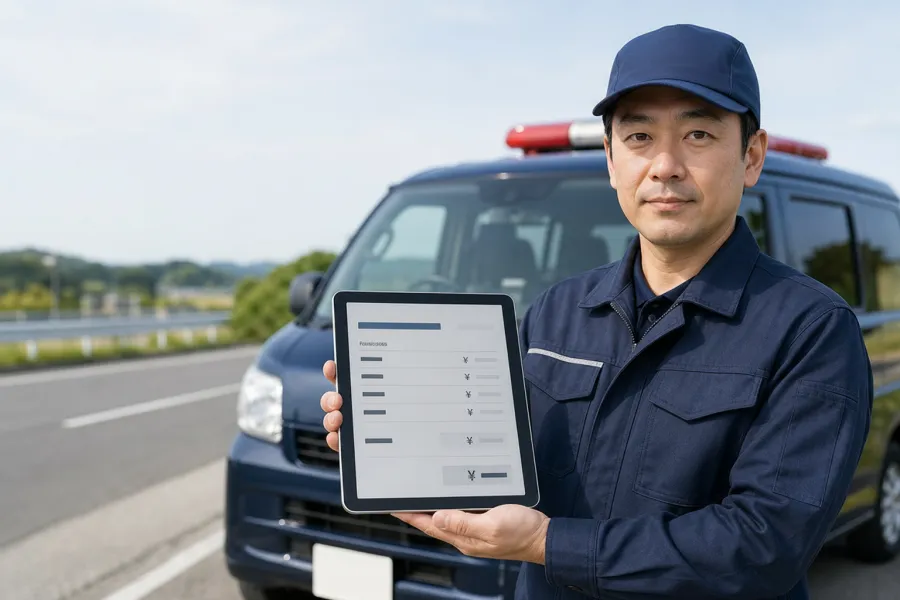 タブレットで見積り内容を見せるスタッフ
