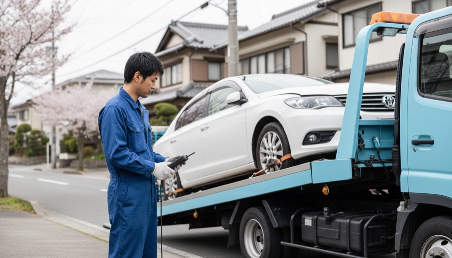 事故車を積載車に積み込むスタッフ